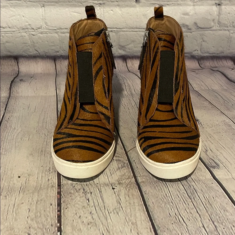 Paolo Zebra Stripe Brown and Black Calf Hair Wedges Size 5.5